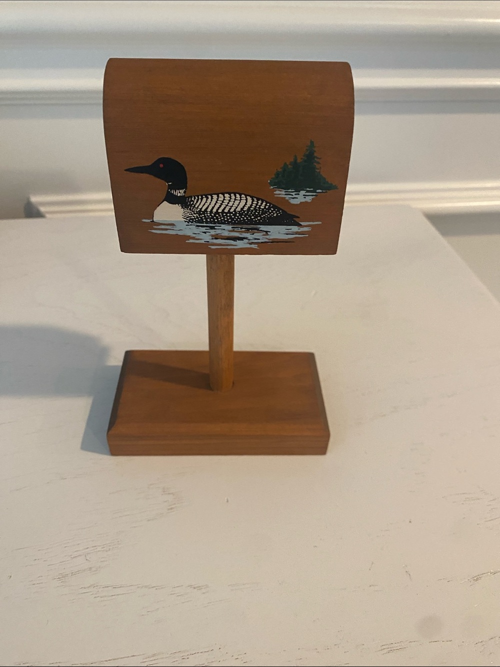 Hand-Painted Loon Wooden Display - Brown with Black & White Detail